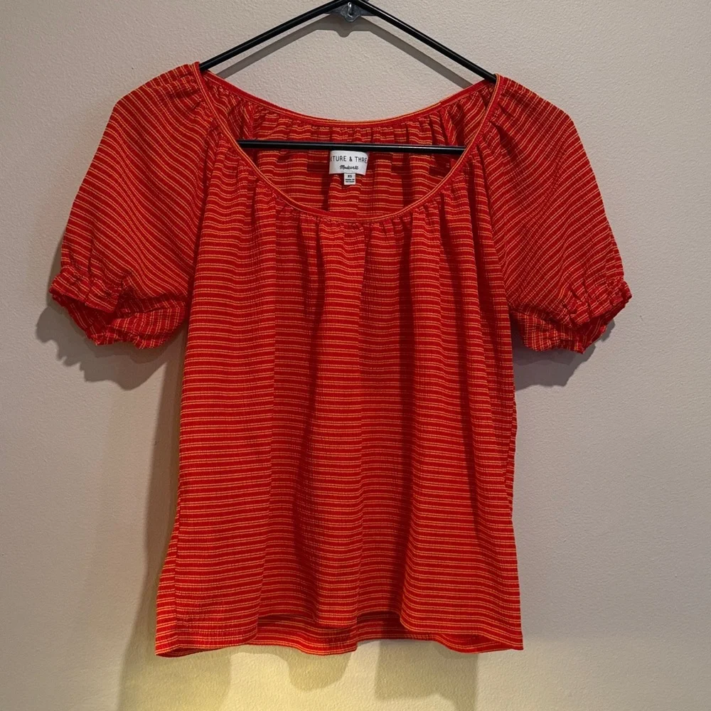 Madewell Red and Black Striped Puff Sleeve Blouse Casual stylish Vacation Ready